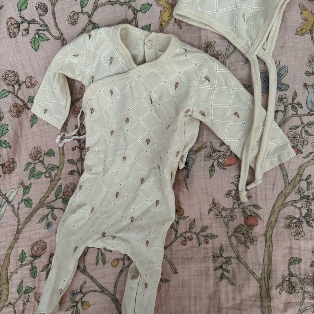 Cream baby footie with Matching Bonnet